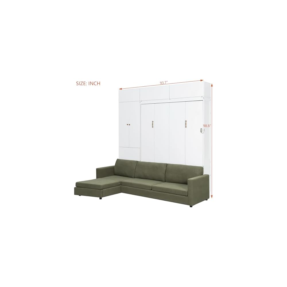 Ball & Cast Wall Bed Queen Size with Sofa and Shelves,Multi-Functional Hideaway Murphy Bed w/Teddy Fleece Couches & Dual-Piston Metal Folding System Cabinet,Lock,Space Saving for Bedroom,Green