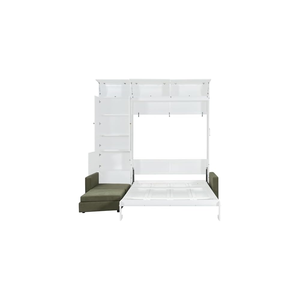 Ball & Cast Wall Bed Queen Size with Sofa and Shelves,Multi-Functional Hideaway Murphy Bed w/Teddy Fleece Couches & Dual-Piston Metal Folding System Cabinet,Lock,Space Saving for Bedroom,Green