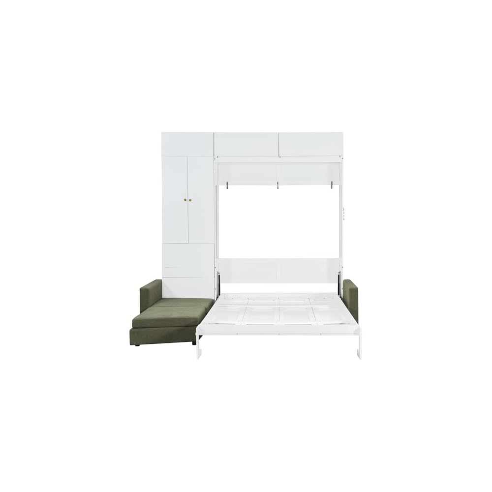 Ball & Cast Wall Bed Queen Size with Sofa and Shelves,Multi-Functional Hideaway Murphy Bed w/Teddy Fleece Couches & Dual-Piston Metal Folding System Cabinet,Lock,Space Saving for Bedroom,Green