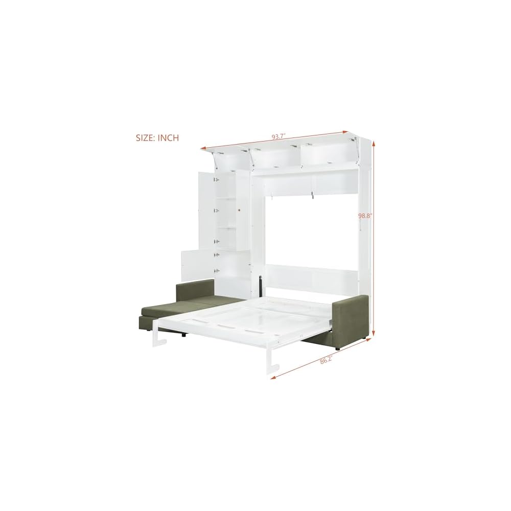 Ball & Cast Wall Bed Queen Size with Sofa and Shelves,Multi-Functional Hideaway Murphy Bed w/Teddy Fleece Couches & Dual-Piston Metal Folding System Cabinet,Lock,Space Saving for Bedroom,Green