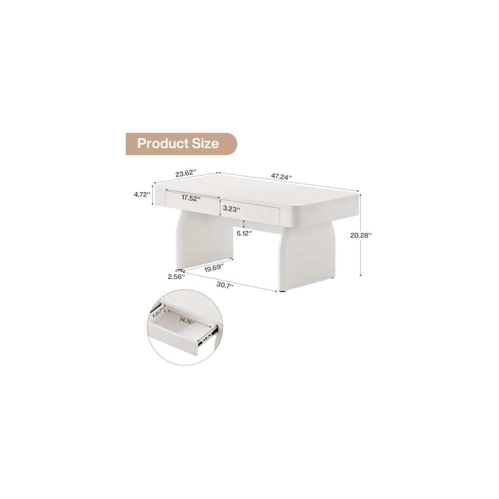 Tribesigns 47.24" White Rectangular Coffee Table with Storage