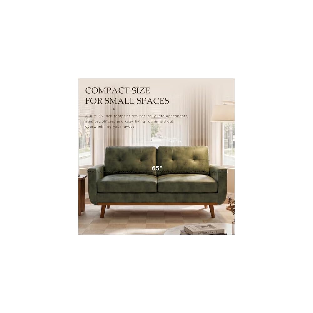 65" Light Green Modern Loveseat Sofa, Mid-Century Faux Leather Couch