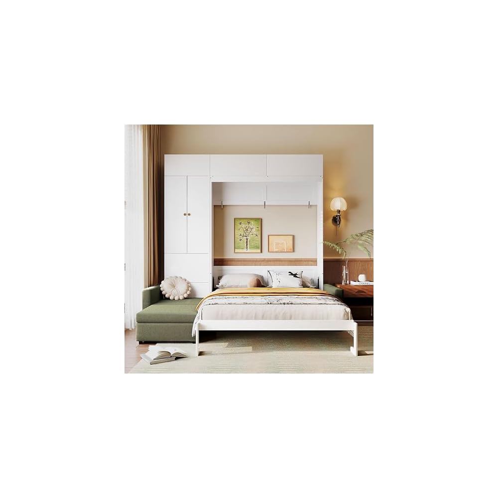 Ball & Cast Wall Bed Queen Size with Sofa and Shelves,Multi-Functional Hideaway Murphy Bed w/Teddy Fleece Couches & Dual-Piston Metal Folding System Cabinet,Lock,Space Saving for Bedroom,Green