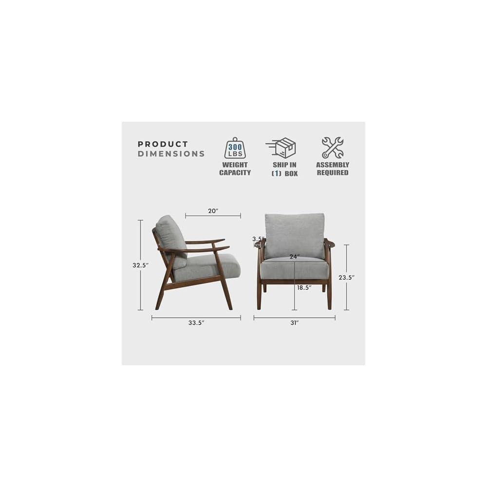 Lexicon Mid Century Modern Accent Chair, Textured Fabric Upholstered Lounge Armchair, Brown Solid Rubber Wood Frame Single Sofa Seat for Living Room/Bedroom/Office/Waiting Area, Gray