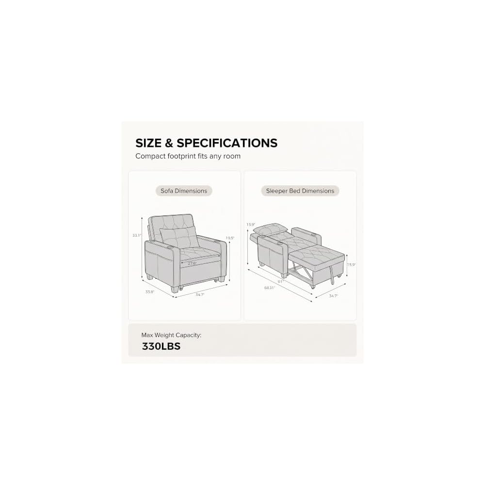 Convertible Sleeper Chair Bed, Fold Out Futon Sofa Bed for Living Room