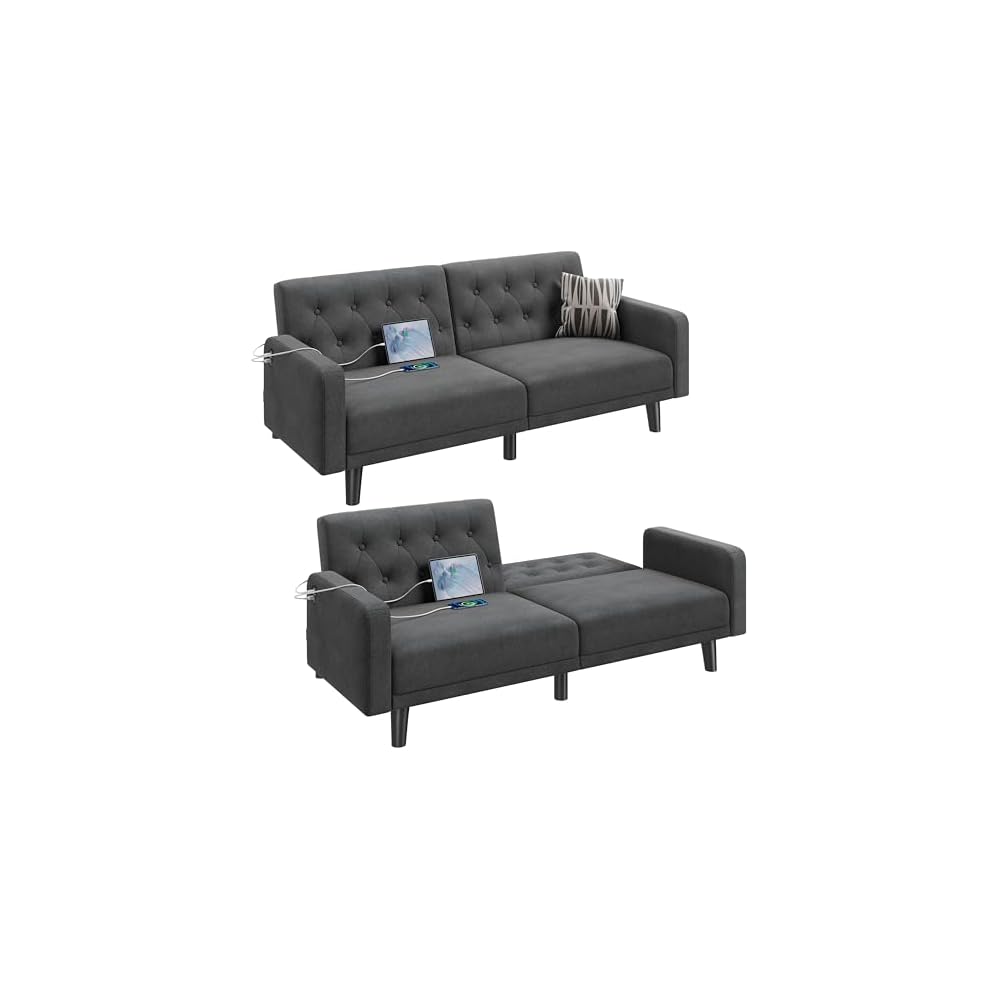Yaheetech 63" Small Futon Sofa Bed, Convertible Couch with USB, Dark Gray
