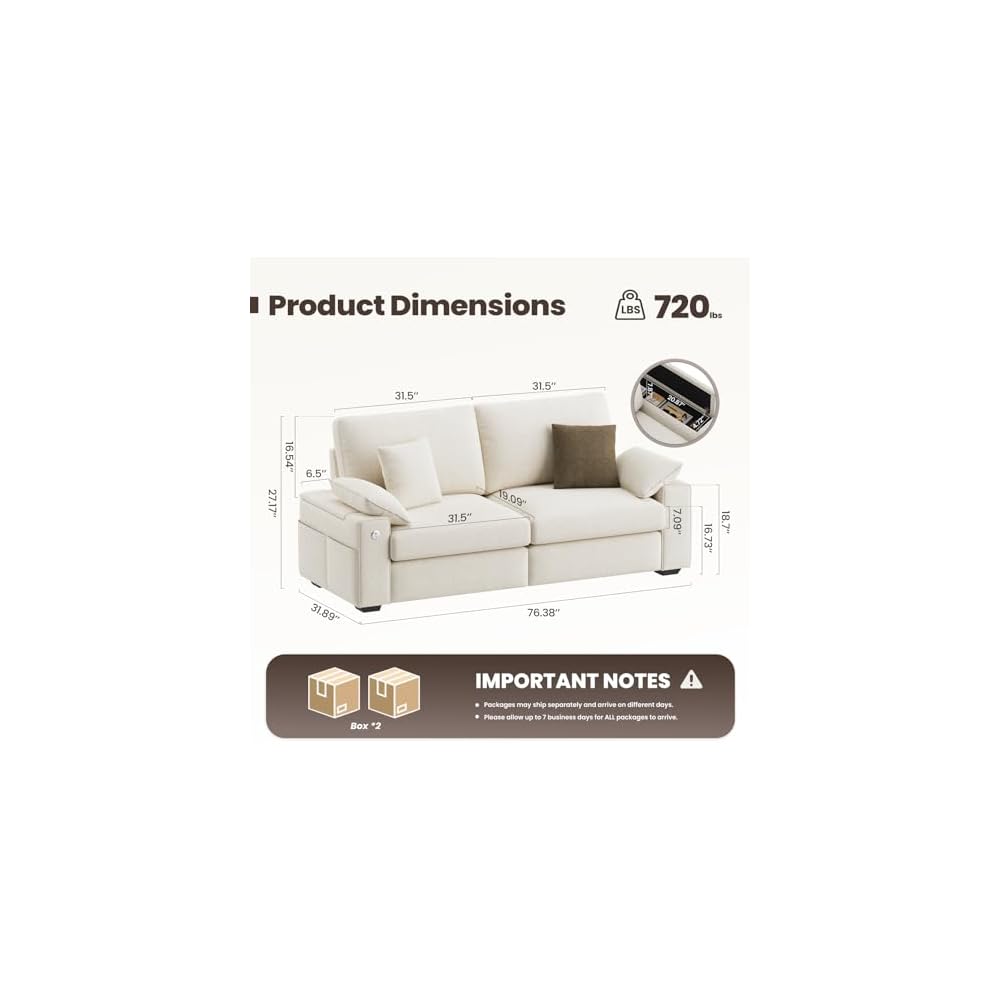 MALOL 89" 3 Seater Loveseat, Upholstered Mid-Century Modern Couch with USB Type C Ports, 4 Pillows and Storage Armrest Cloud Foam Sofa for Living Room/Small Spaces, Beige
