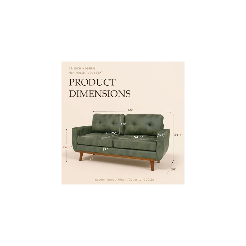 65" Light Green Modern Loveseat Sofa, Mid-Century Faux Leather Couch