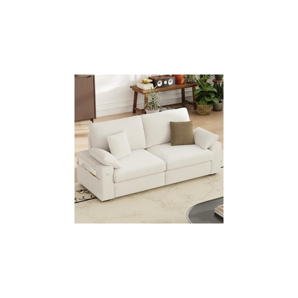 MALOL 89" 3 Seater Loveseat, Upholstered Mid-Century Modern Couch with USB Type C Ports, 4 Pillows and Storage Armrest Cloud Foam Sofa for Living Room/Small Spaces, Beige