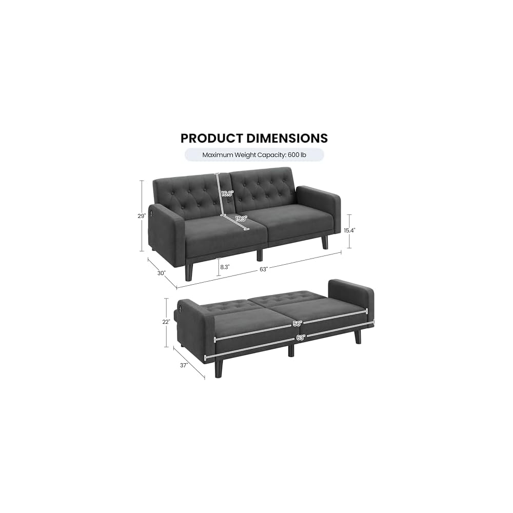 Yaheetech 63" Small Futon Sofa Bed, Convertible Couch with USB, Dark Gray