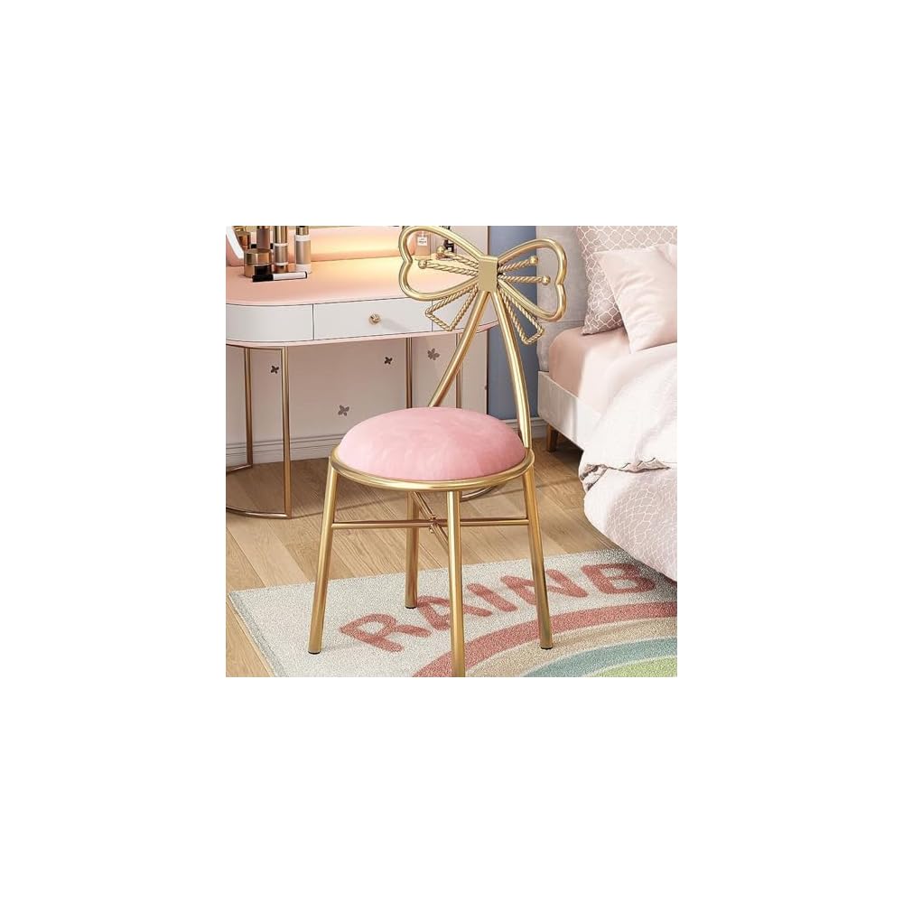 Mid Century Modern Velvet Makeup Chair - Modern Vanity Chair No Wheels, Upholstered Accent Chair with Cute Bow Backrest for Bedroom Living Room