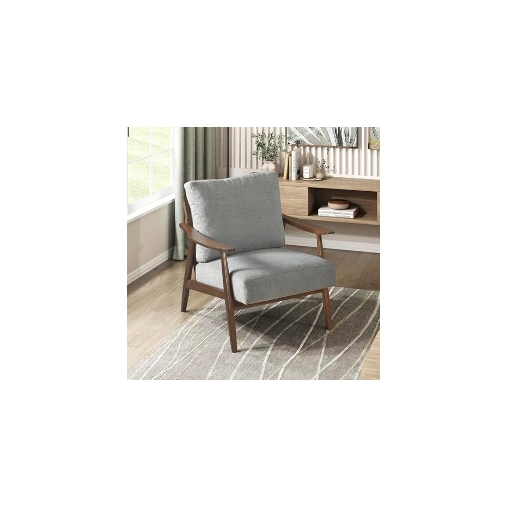 Lexicon Mid Century Modern Accent Chair, Textured Fabric Upholstered Lounge Armchair, Brown Solid Rubber Wood Frame Single Sofa Seat for Living Room/Bedroom/Office/Waiting Area, Gray