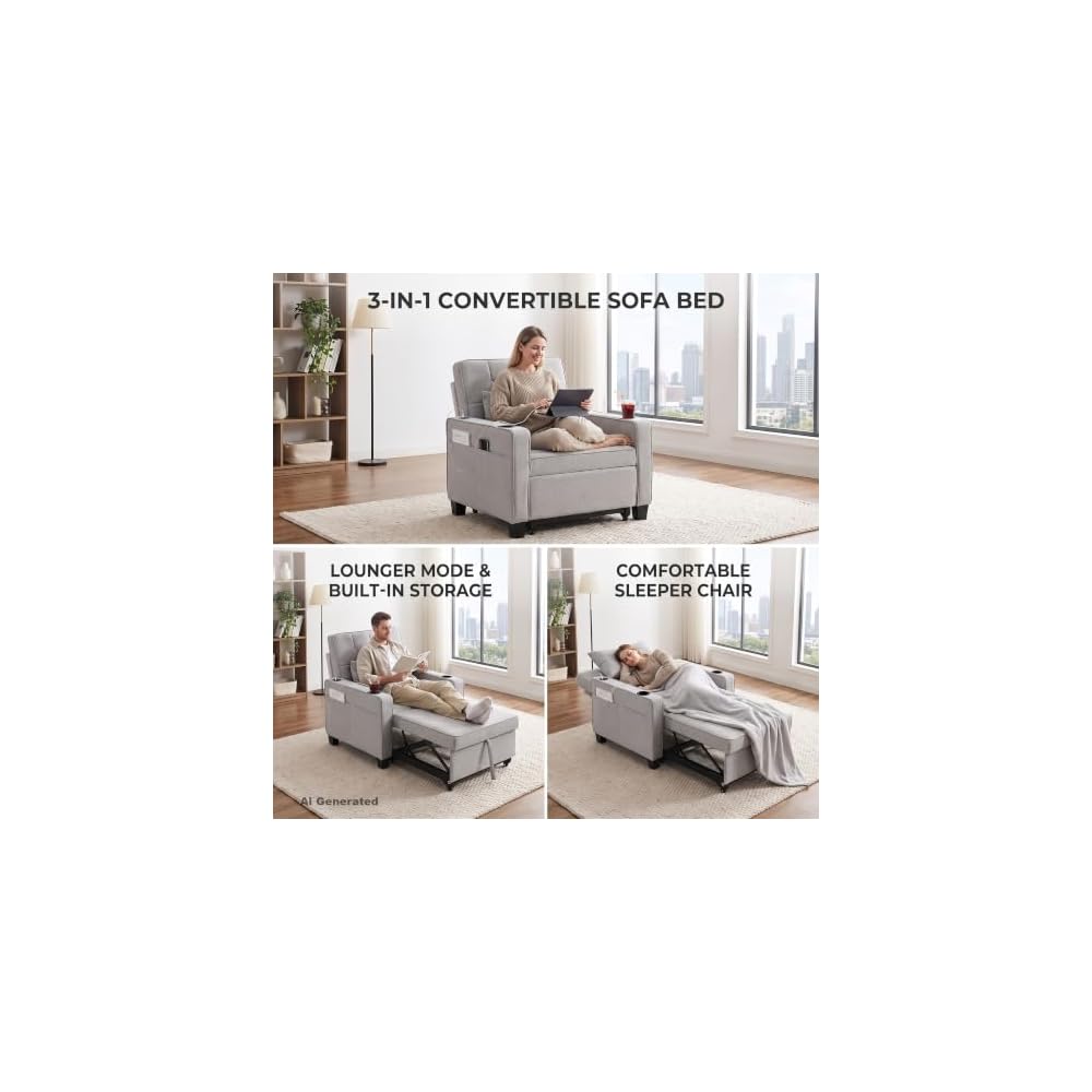 Convertible Sleeper Chair Bed, Fold Out Futon Sofa Bed for Living Room