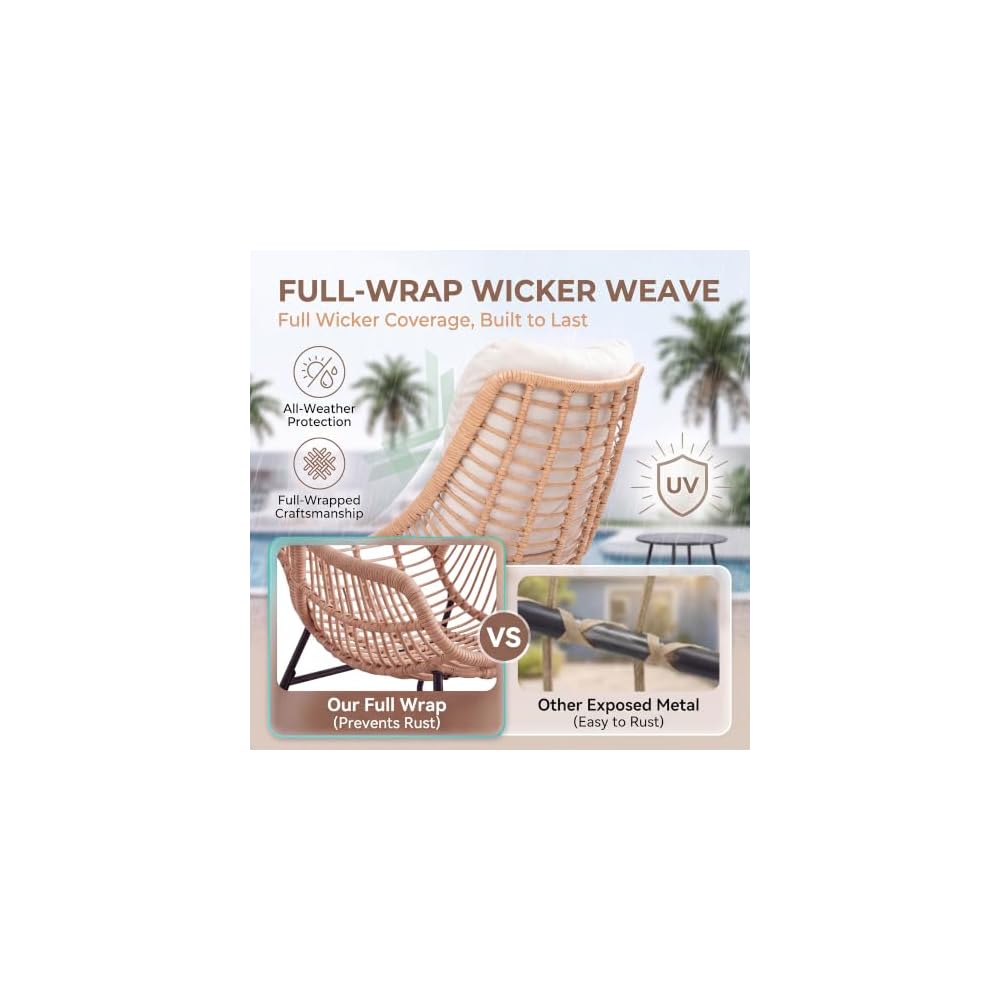 Outdoor Wicker Papasan Egg Chair with Ottoman, Patio Basket Lounge Chair Indoor Egg-Shaped Rattan Reading Lounger with Thick Cushion for Living Room Bedroom Balcony Porch, Beige