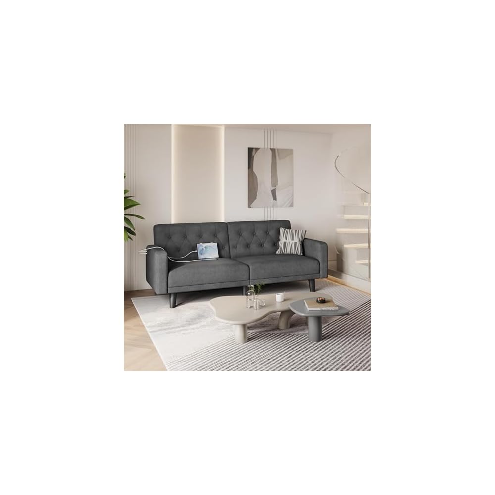 Yaheetech 63" Small Futon Sofa Bed, Convertible Couch with USB, Dark Gray