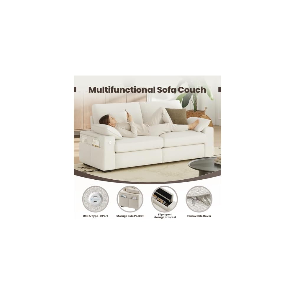 MALOL 89" 3 Seater Loveseat, Upholstered Mid-Century Modern Couch with USB Type C Ports, 4 Pillows and Storage Armrest Cloud Foam Sofa for Living Room/Small Spaces, Beige