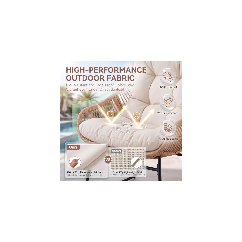 Outdoor Wicker Papasan Egg Chair with Ottoman, Patio Basket Lounge Chair Indoor Egg-Shaped Rattan Reading Lounger with Thick Cushion for Living Room Bedroom Balcony Porch, Beige