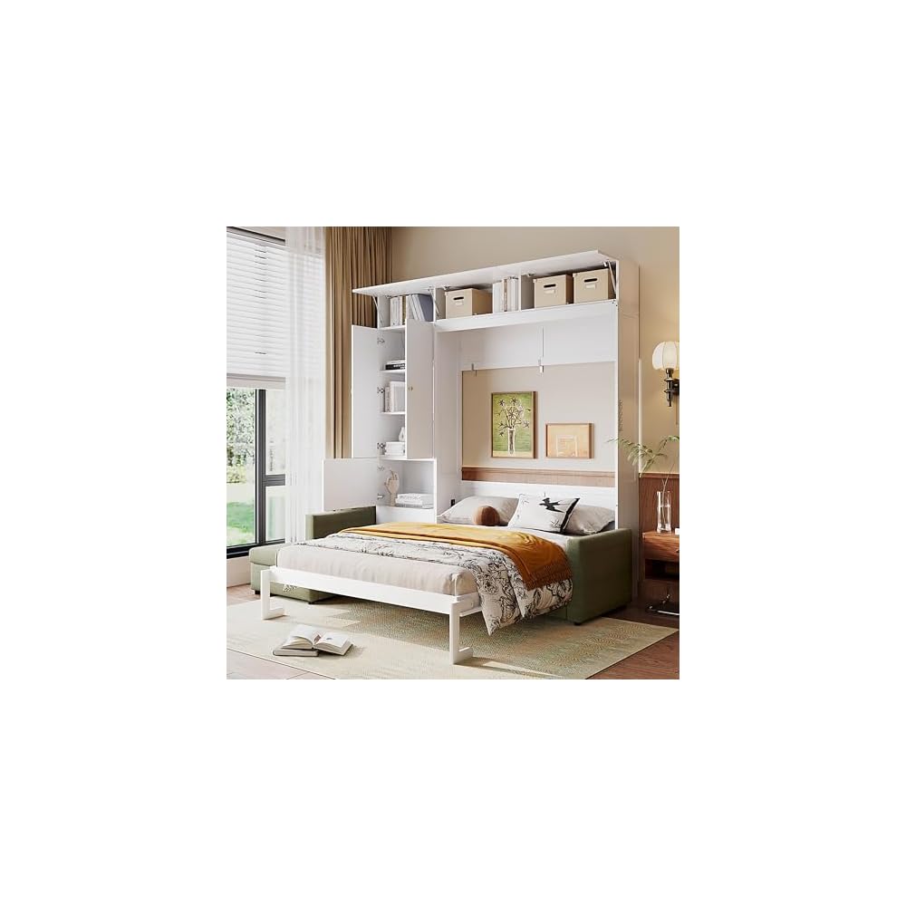 Ball & Cast Wall Bed Queen Size with Sofa and Shelves,Multi-Functional Hideaway Murphy Bed w/Teddy Fleece Couches & Dual-Piston Metal Folding System Cabinet,Lock,Space Saving for Bedroom,Green