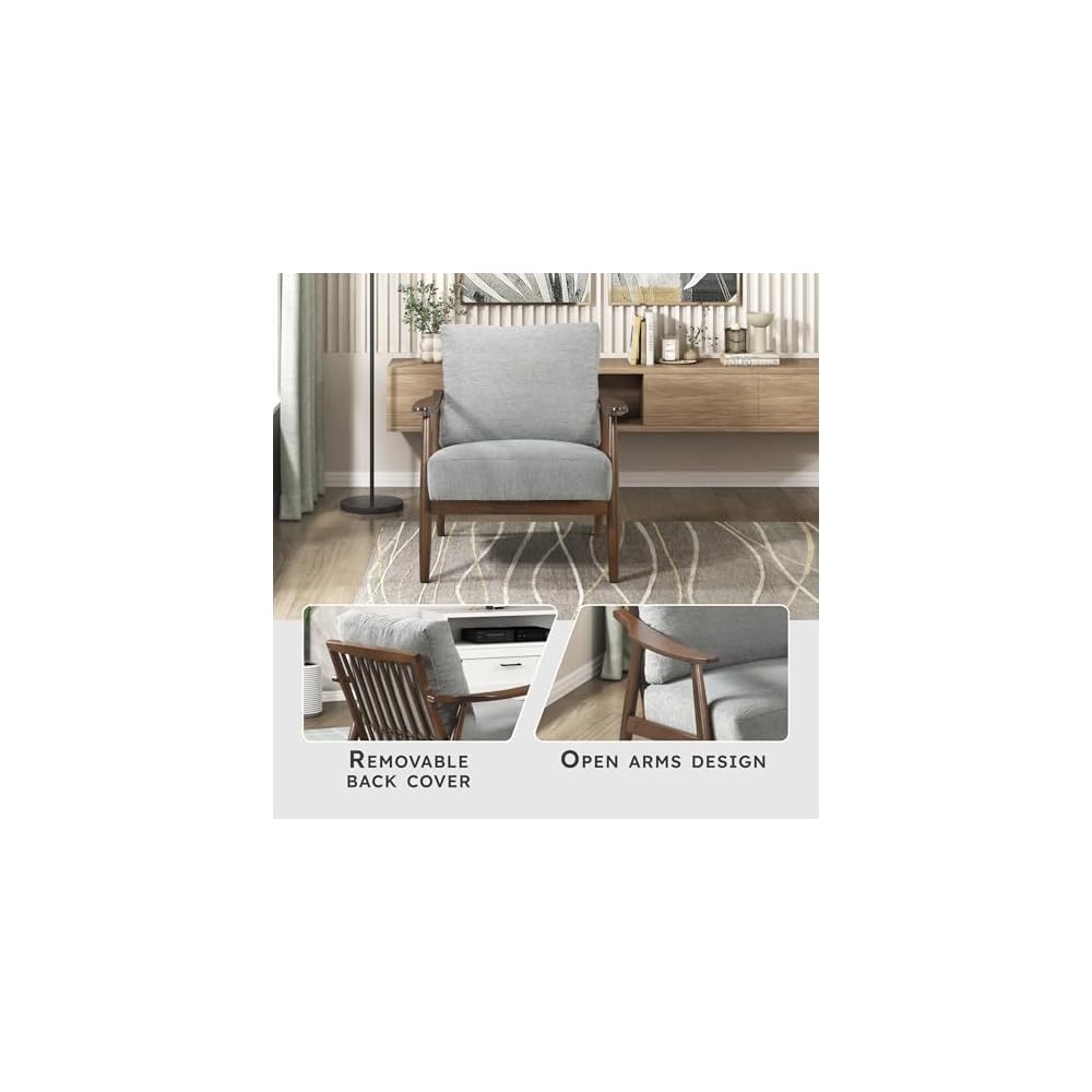 Lexicon Mid Century Modern Accent Chair, Textured Fabric Upholstered Lounge Armchair, Brown Solid Rubber Wood Frame Single Sofa Seat for Living Room/Bedroom/Office/Waiting Area, Gray