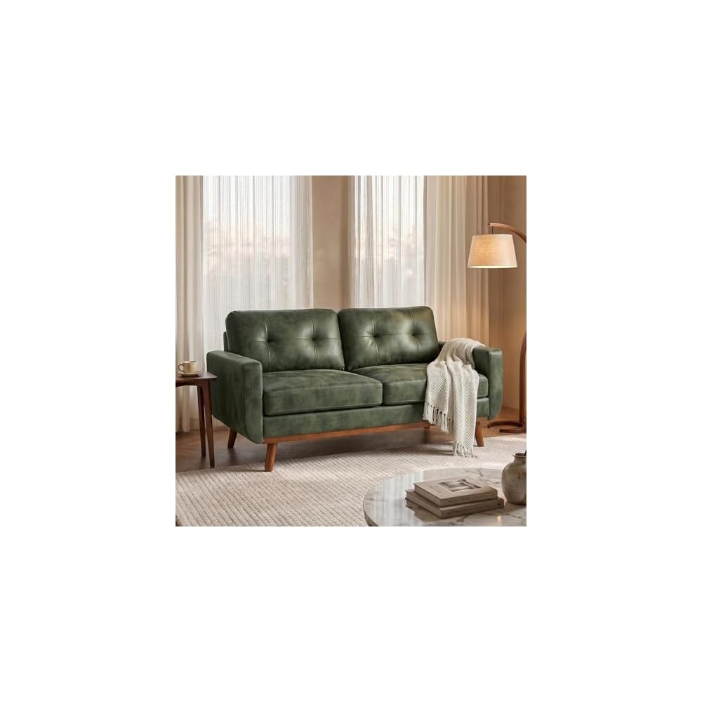 65" Light Green Modern Loveseat Sofa, Mid-Century Faux Leather Couch
