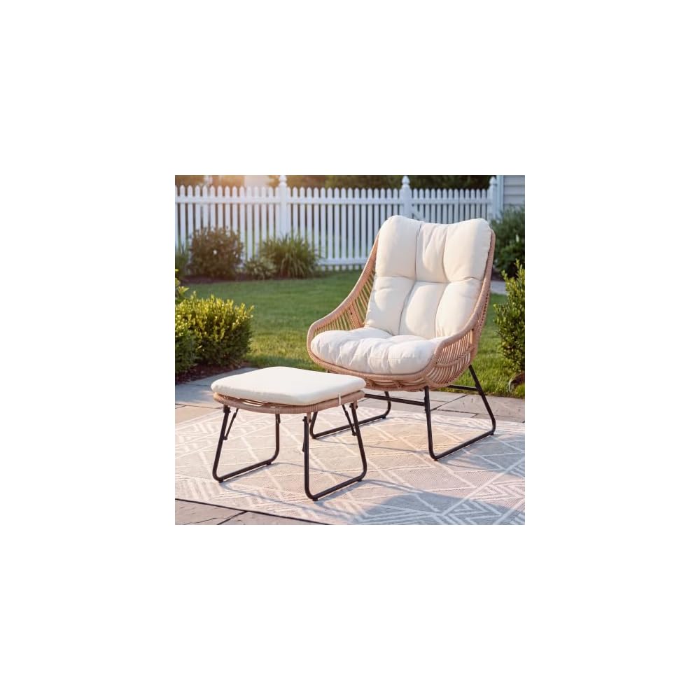 Outdoor Wicker Papasan Egg Chair with Ottoman, Patio Basket Lounge Chair Indoor Egg-Shaped Rattan Reading Lounger with Thick Cushion for Living Room Bedroom Balcony Porch, Beige