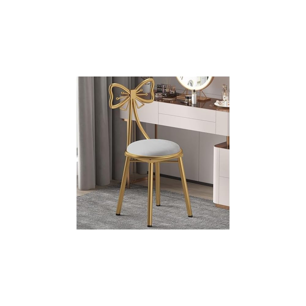 Mid Century Modern Velvet Makeup Chair - Modern Vanity Chair No Wheels, Upholstered Accent Chair with Cute Bow Backrest for Bedroom Living Room