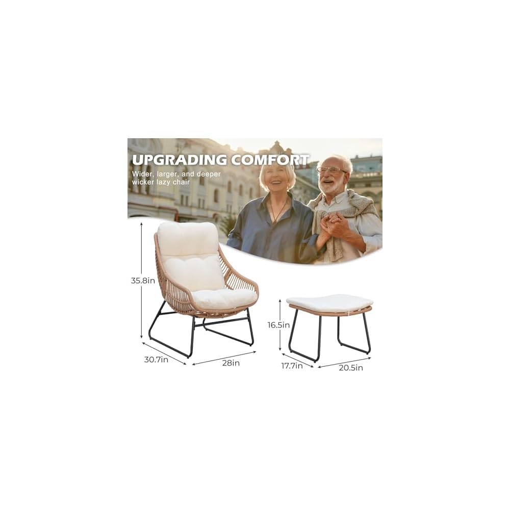 Outdoor Wicker Papasan Egg Chair with Ottoman, Patio Basket Lounge Chair Indoor Egg-Shaped Rattan Reading Lounger with Thick Cushion for Living Room Bedroom Balcony Porch, Beige