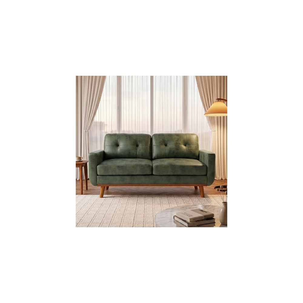 65" Light Green Modern Loveseat Sofa, Mid-Century Faux Leather Couch
