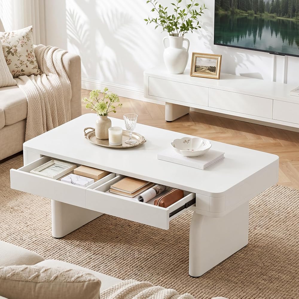 Tribesigns 47.24" White Rectangular Coffee Table with Storage