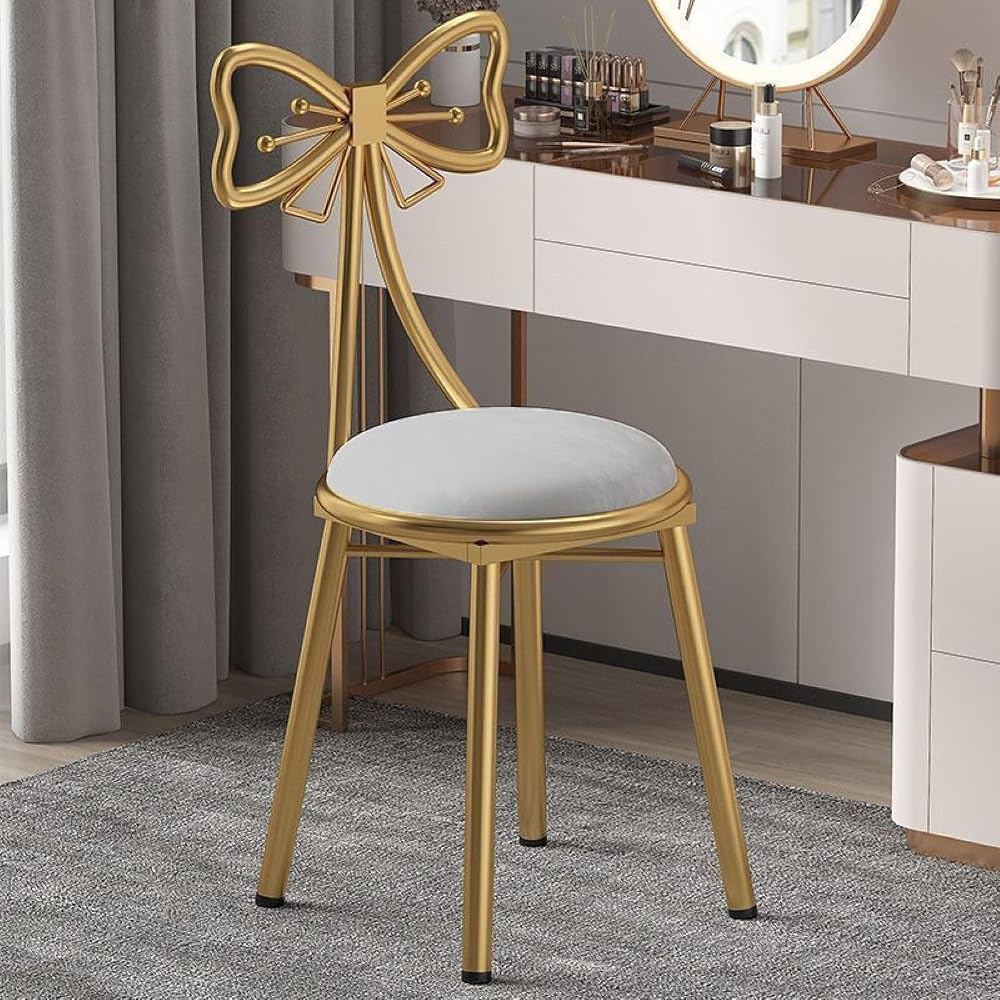 Mid Century Modern Velvet Makeup Chair - Modern Vanity Chair No Wheels, Upholstered Accent Chair with Cute Bow Backrest for Bedroom Living Room
