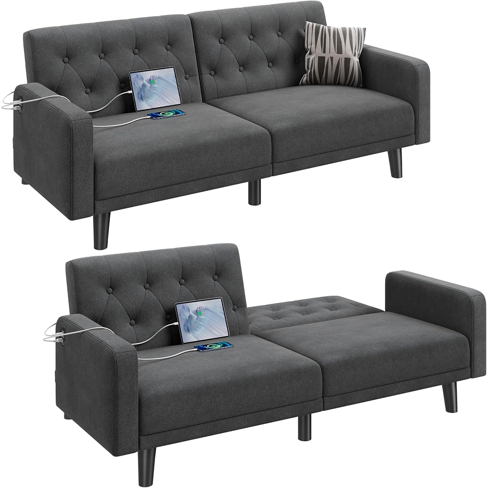 Yaheetech 63" Small Futon Sofa Bed, Convertible Couch with USB, Dark Gray