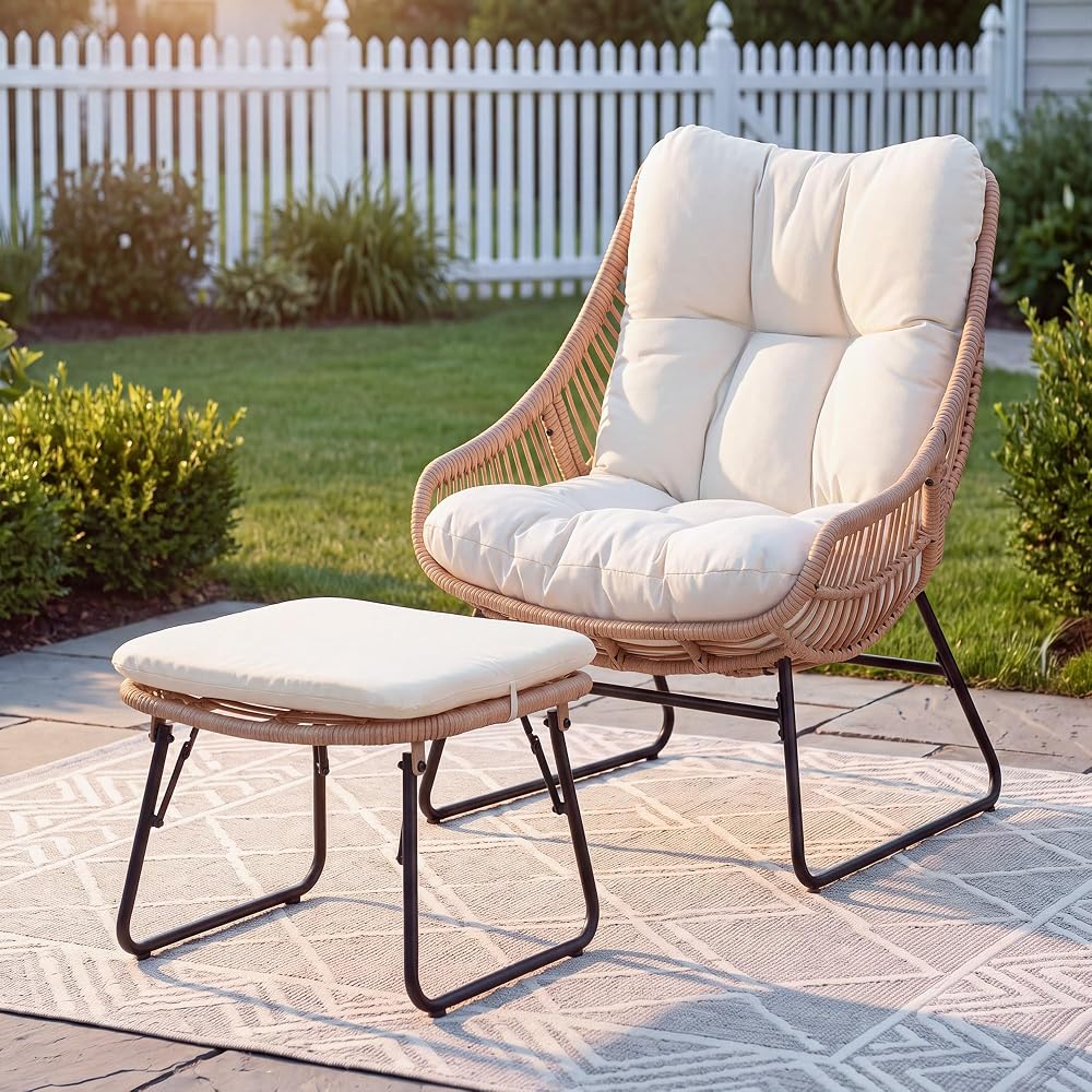Outdoor Wicker Papasan Egg Chair with Ottoman, Patio Basket Lounge Chair Indoor Egg-Shaped Rattan Reading Lounger with Thick Cushion for Living Room Bedroom Balcony Porch, Beige