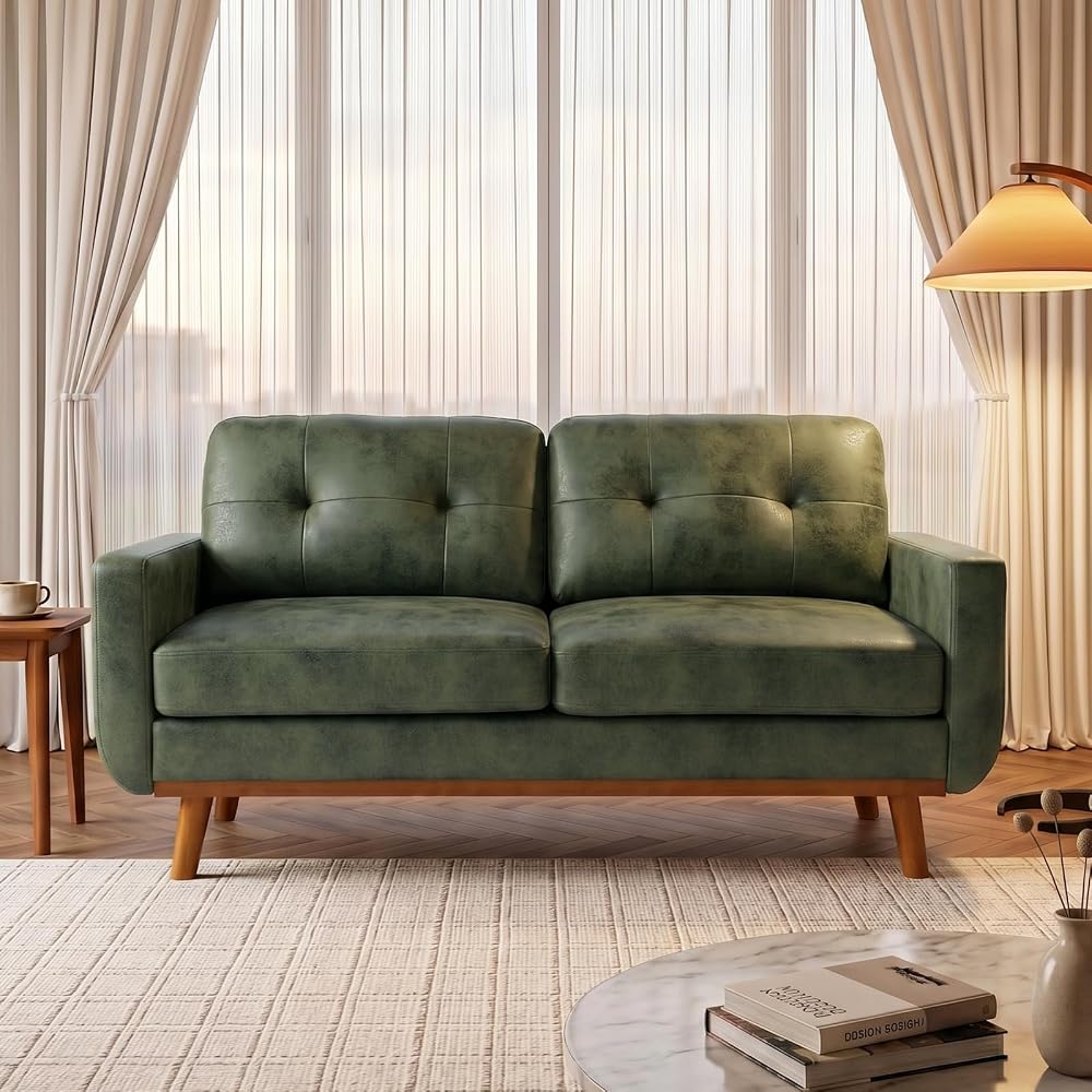 65" Light Green Modern Loveseat Sofa, Mid-Century Faux Leather Couch