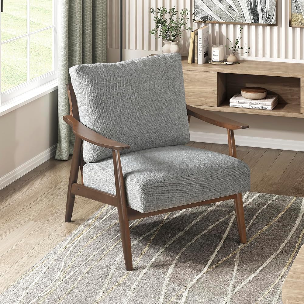 Lexicon Mid Century Modern Accent Chair, Textured Fabric Upholstered Lounge Armchair, Brown Solid Rubber Wood Frame Single Sofa Seat for Living Room/Bedroom/Office/Waiting Area, Gray